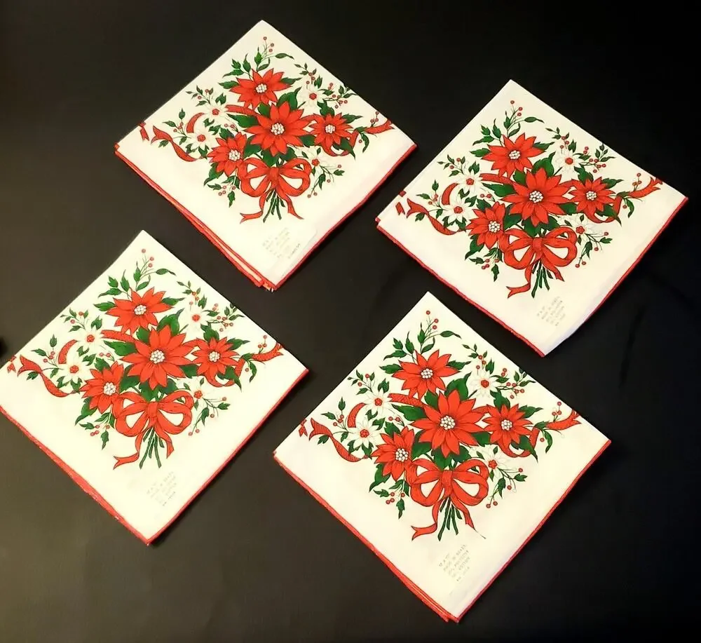 Vintage Print Napkins Set Of 4, Christmas Holly bows ribbons 17 X 17 NEW!